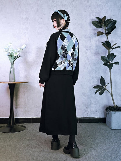 Knit Pattern Multi-Color Cardigan with Cheongsam Black Print V-Neck Jacquard Diamond Floral