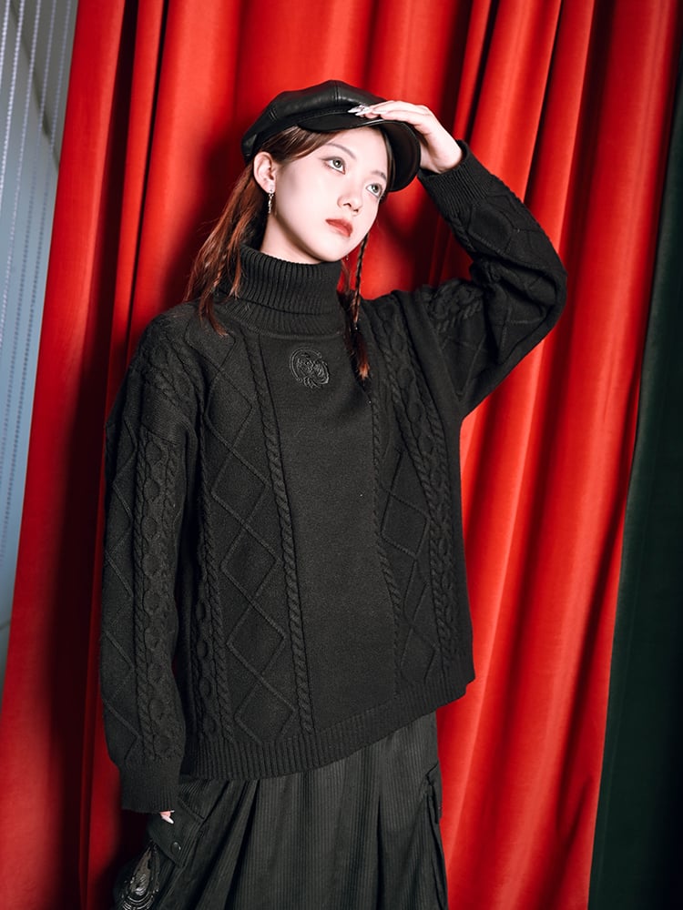 Cheongsam Black Turtleneck Gothic Sweater with Knit Embroidery Bird