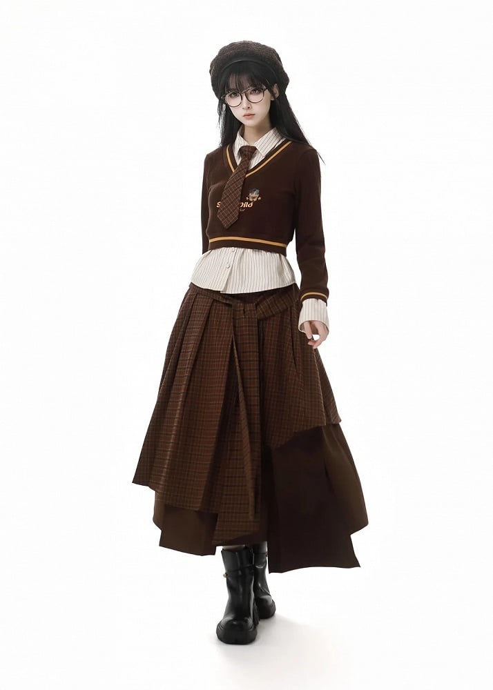 Coffee Plaid Asymmetrical Pleated Hem Skirt