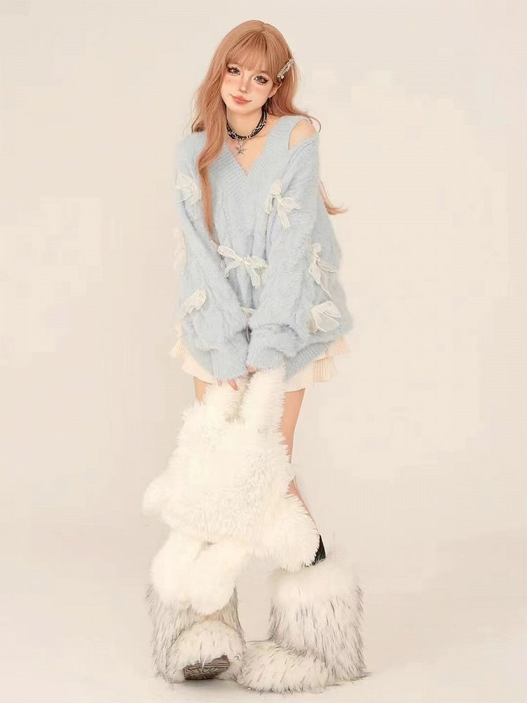 Blue V-Neck Sweater with Cutout White Bow Accents Shoulder