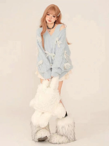 Blue V-Neck Sweater with Cutout White Bow Accents Shoulder
