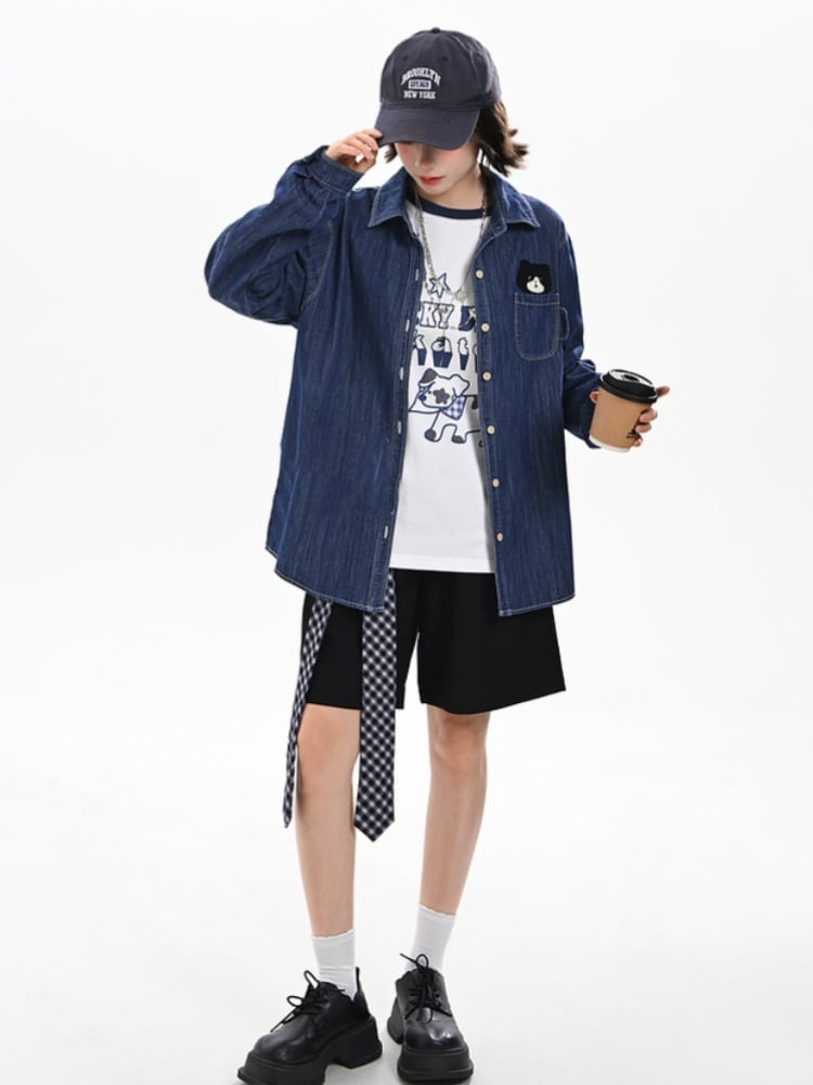 Kitty Dark Blue Faded Wash Denim Shirt Cute Embroidery