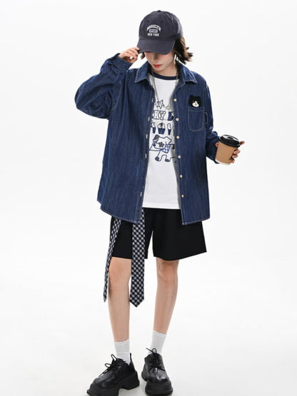 Kitty Dunkelblaues Jeanshemd mit verblasster Waschung und süßer Stickerei