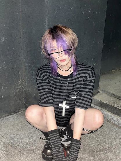 Print Decorative T-Shirt Chic Black with Gray Striped