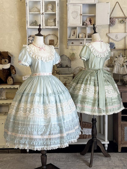 Mint Green Puff Sleeve Lace Trim Elegant Lolita Gown - Pumpkin Planet