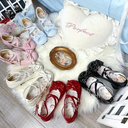 with Mid - Heel Pink Mary Bow Lolita PU Elegant Accent Janes