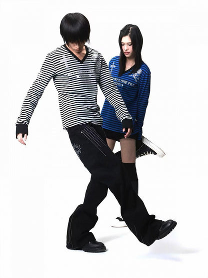 Genderless Black & Blue V-Neck Striped Long Sleeve Top Cross Skull Rhinestone