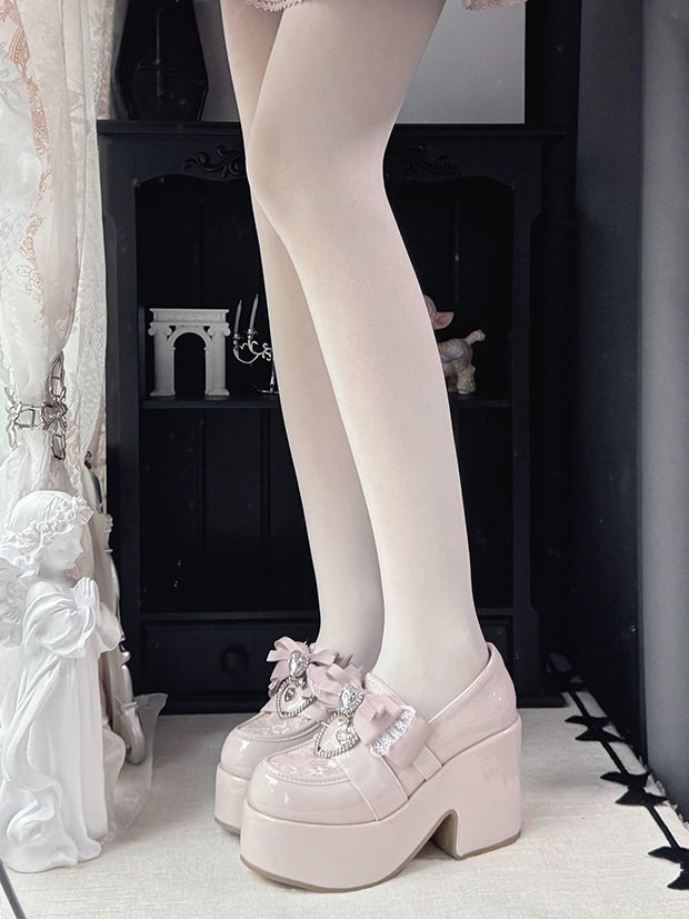Bow Dusty Kei with 9.5cm Heel Jirai Shoes: Heart Platform Block Pink Top Rhinestone