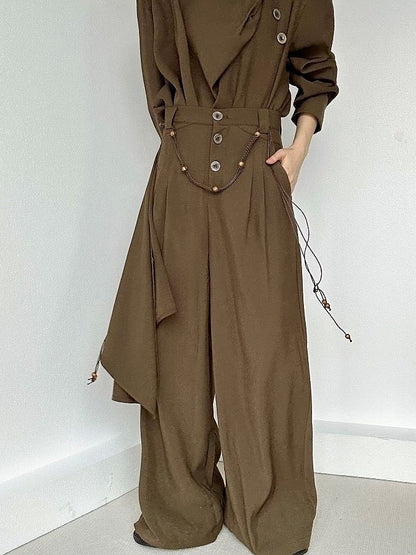 Front Slant Pants Design Wide-leg Coffee Brown with Lolita High-waist Ouji Pockets