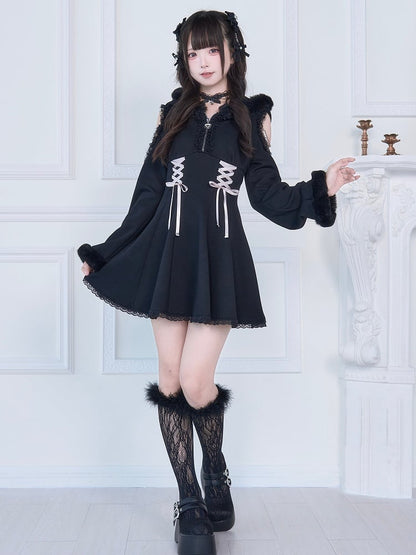 Shoulder Dress: Dark Elegance with Corset Beaded Lacing Jirai Black Hoodie Accents Kei Plush