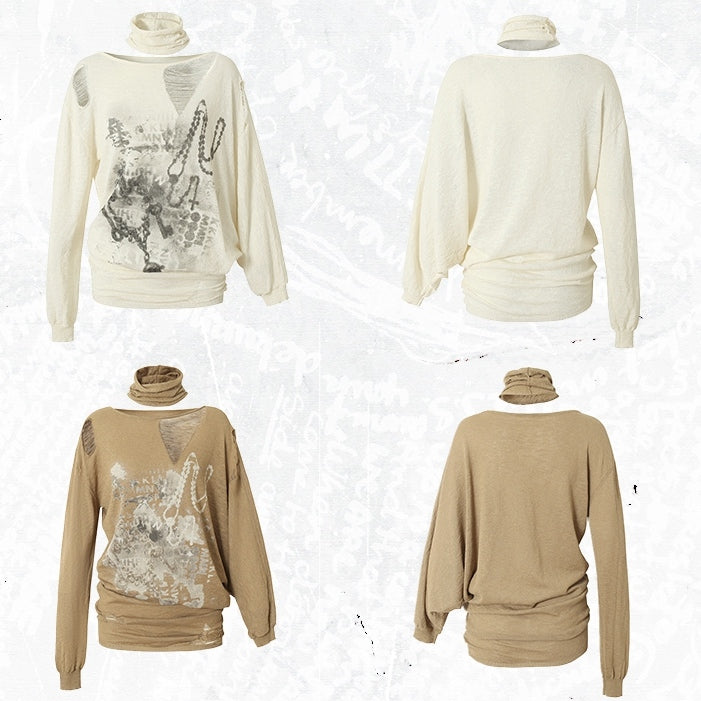 Distressed Beige/Khaki Top Ausschnitt Punk Asymmetrisch Sonnenschutz Ödland Löcher