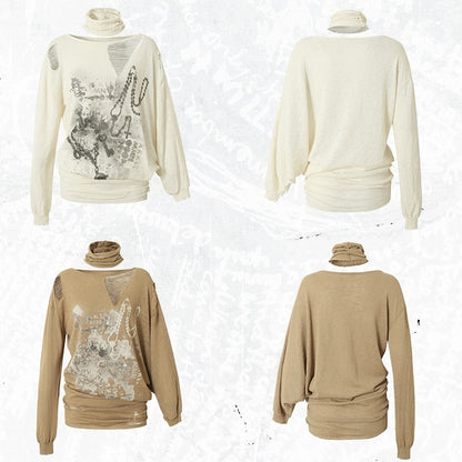 Distressed Beige/Khaki Top Ausschnitt Punk Asymmetrisch Sonnenschutz Ödland Löcher