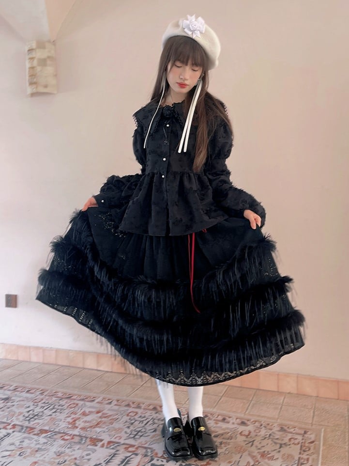 Tea Length Tiered Skirt with Plush Accents and Lace Trim Black/White