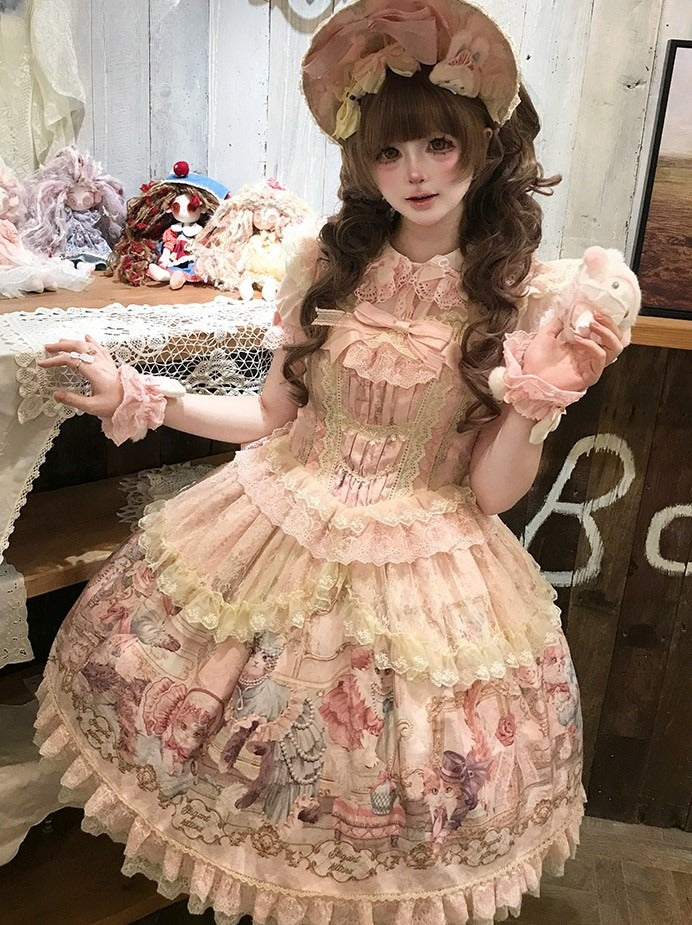 Sleeves Pink Cat Dress Flutter Trim and Bow Lace Print Accents Sweet with Lolita JSK