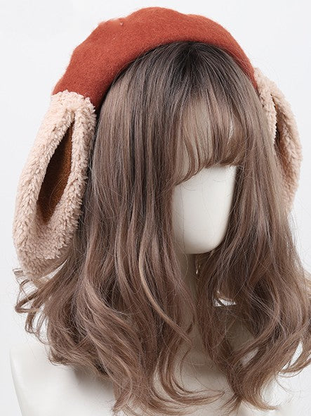 Lop-eared Lolita Bunny Beret Sweet Khaki/Red