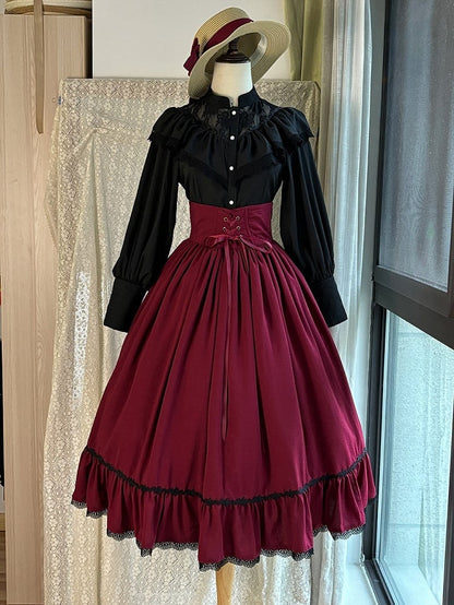 Red Boned High Waist Elegant Classic Lolita Skirt with Lace Trim