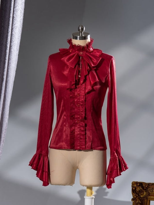 赤いフリルハイネック王子ロリータ長袖シャツ（ジャボタイ付き）