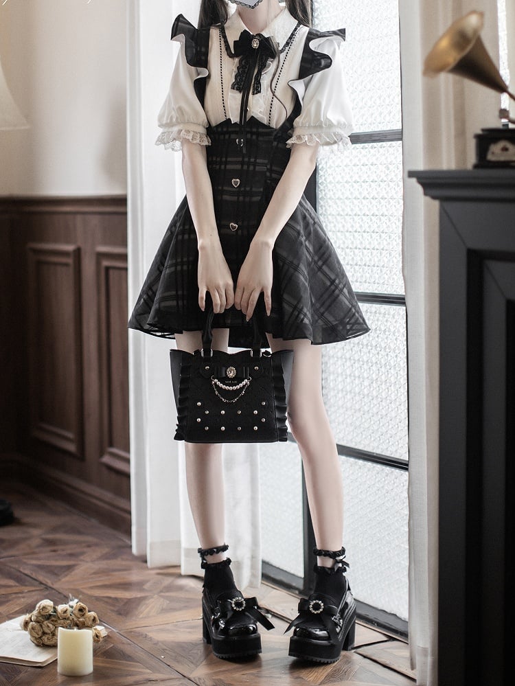 with Flutter Sleeves Waist Black Plaid Overall Dress Short Version Jirai Kei High