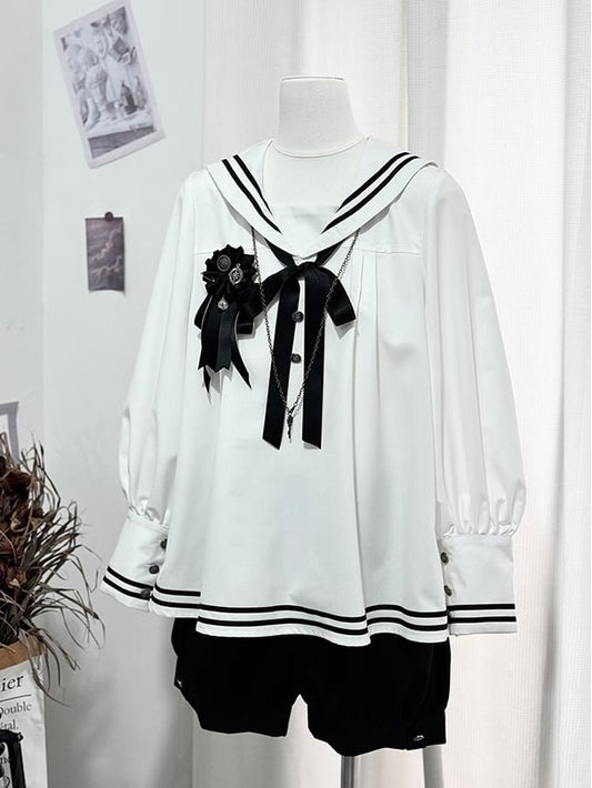 Shirt Sailor White and Collar Long Sleeves Black Shorts
