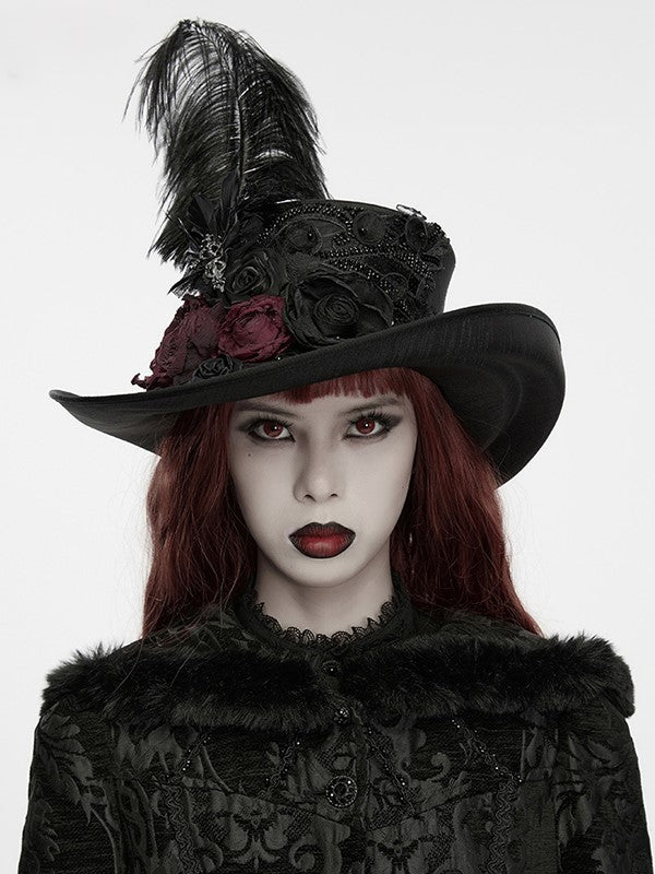 Victorian Rose Goth Feather Top Hat in Black & Red - Punk Rave