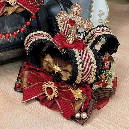 Red/Blue/Brown Mini Crown Rhinestone Bowknot Cross Details Decorated Hat