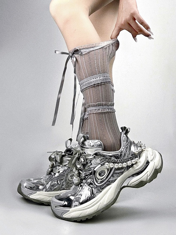 Chaussettes montantes à volants, respirantes, ornées de dentelle et d'un nœud à 3 couches (4 couleurs).