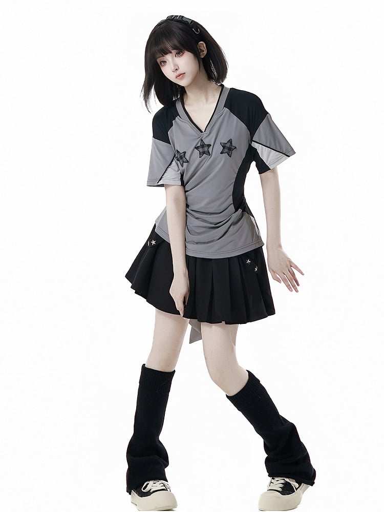 T-Shirt Stern Applikationen V-Ausschnitt Sport Colorblock Design Kariert Schwarz/Grau