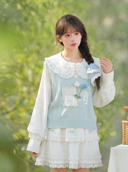 Yume Kawaii Floral Embellished Lace Patches Blue Knitted Vest