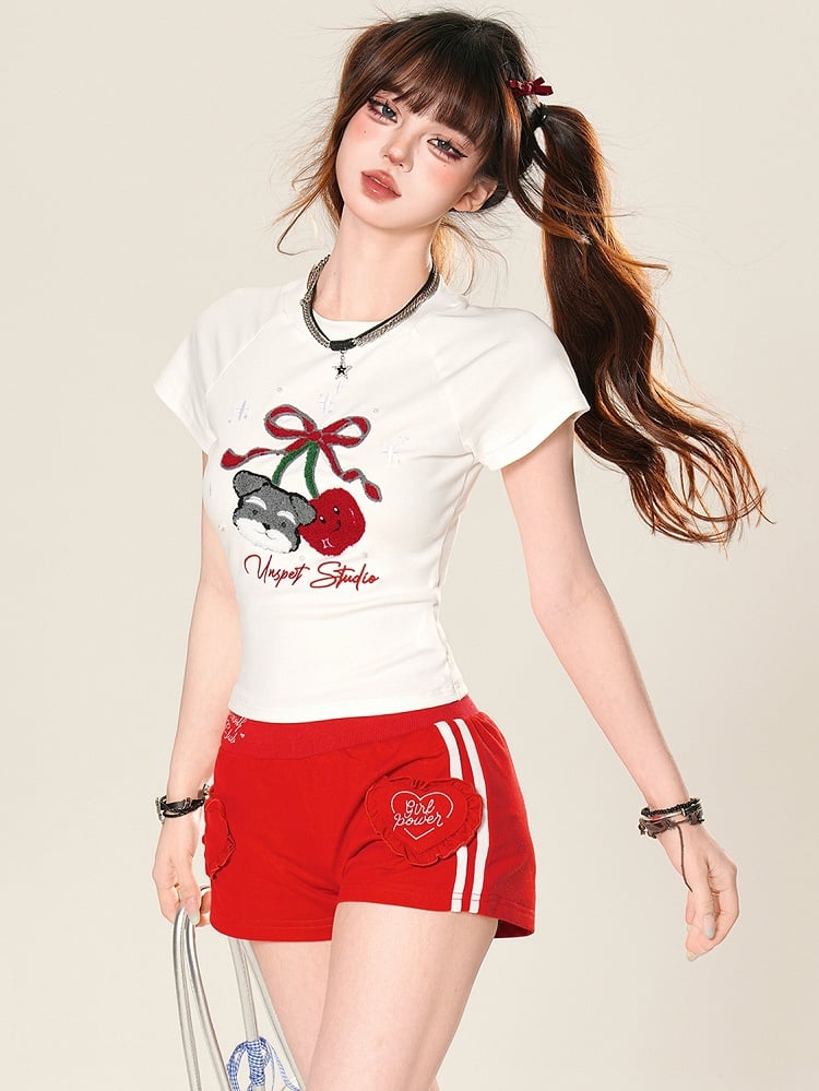 ぬいぐるみTシャツ パピー＆チェリー ホワイト/ブラック グラマラスアップリケ