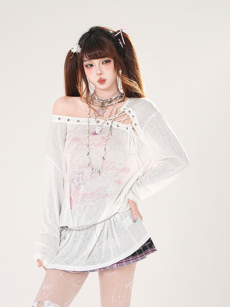 Semi-sheer Coverup Lace-up Asymmetrical Neckline Blue/White