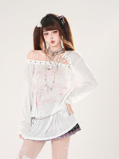 Semi-sheer Coverup Lace-up Asymmetrical Neckline Blue/White