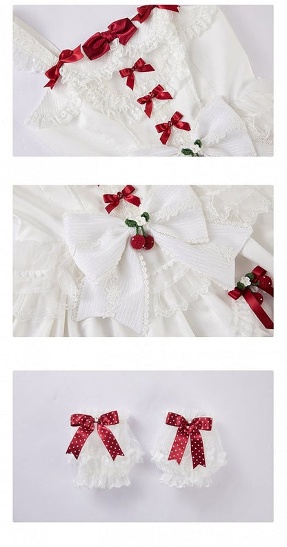 ホワイトストロベリープリンセスレイヤードフリルドレス、取り外し可能なパフスリーブ付きスイートロリータジャンパースカート