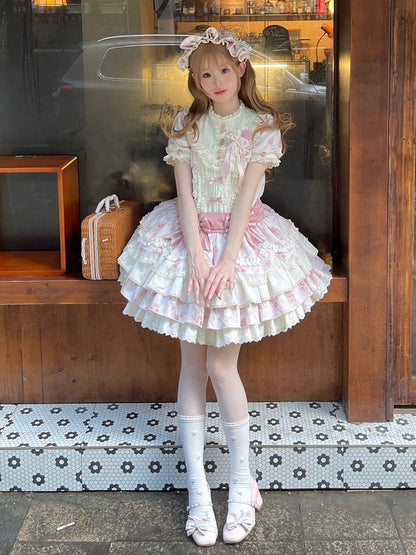 Pink Floral Print Short Sleeve OP Dress with Bow - Sweet Dream Box