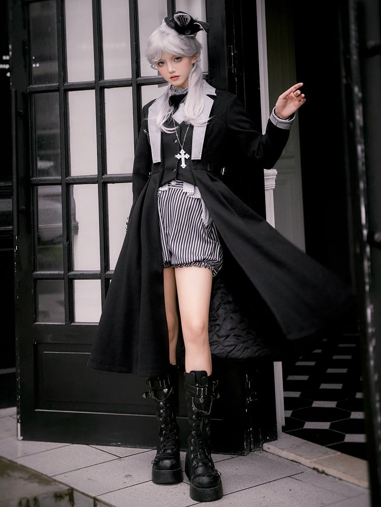 Schwarzer Gothic Ouji Lolita Wollmantel mit Baumwollfutter