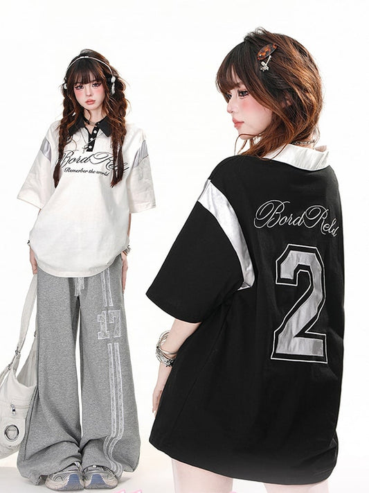 Black/White Polo Collar Preppy Style Sports T-Shirt