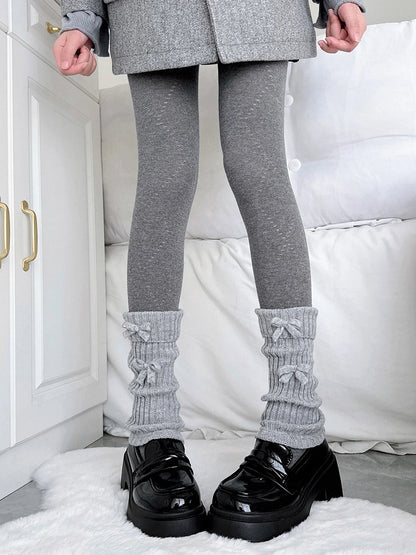 Slouchy Gray Warmers Leg Light Ribbed Bow-Accent
