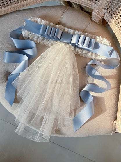 Layered Bow Blue Lace Trimmed Lolita Veil Hairband and
