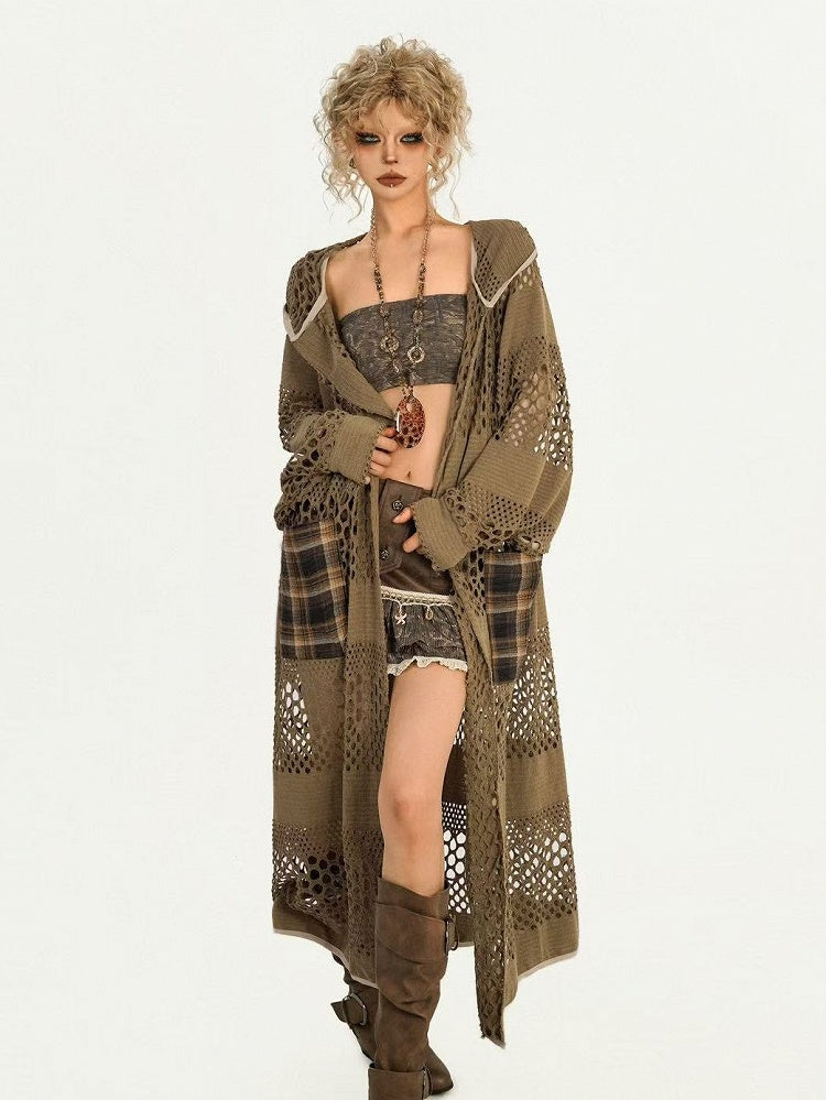 with Details Knit Hooded Cut-Out Plaid Cardigan Pockets Coffee