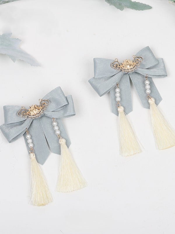 Blue Hairclip Dusty Lolita Tassel Green/Dusty Pearl Bowknot