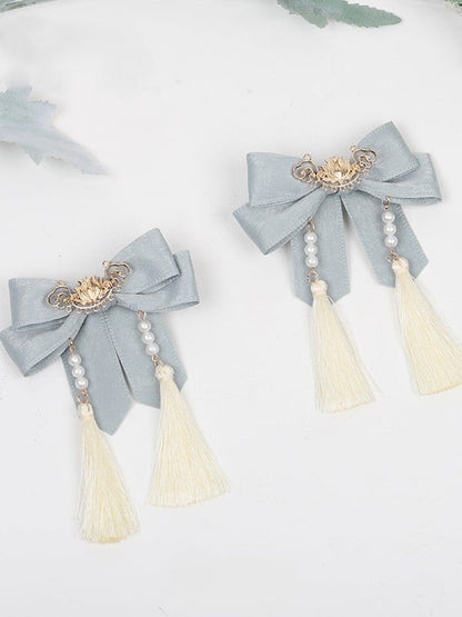 Blue Hairclip Dusty Lolita Tassel Green/Dusty Pearl Bowknot