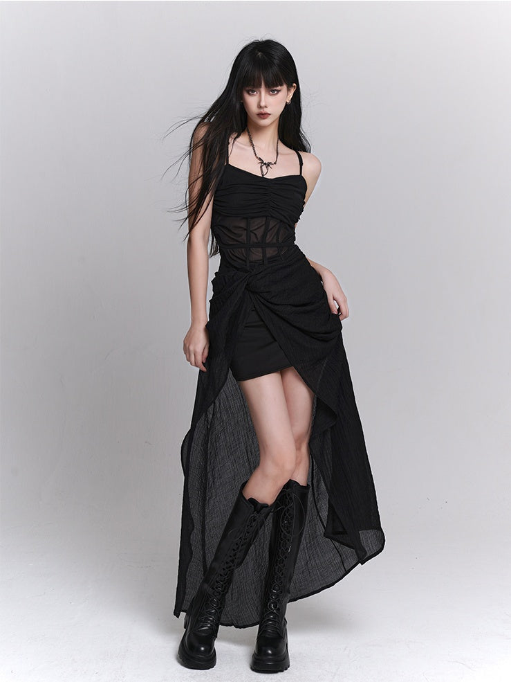 Gothic Black Twist Detail Slit Slip Dress