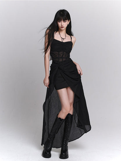 Gothic Black Twist Detail Slit Slip Dress