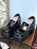 Polierte Blockschnallen High Bear Plateau Slip-Ons Schwarze Heels Hugging Heart