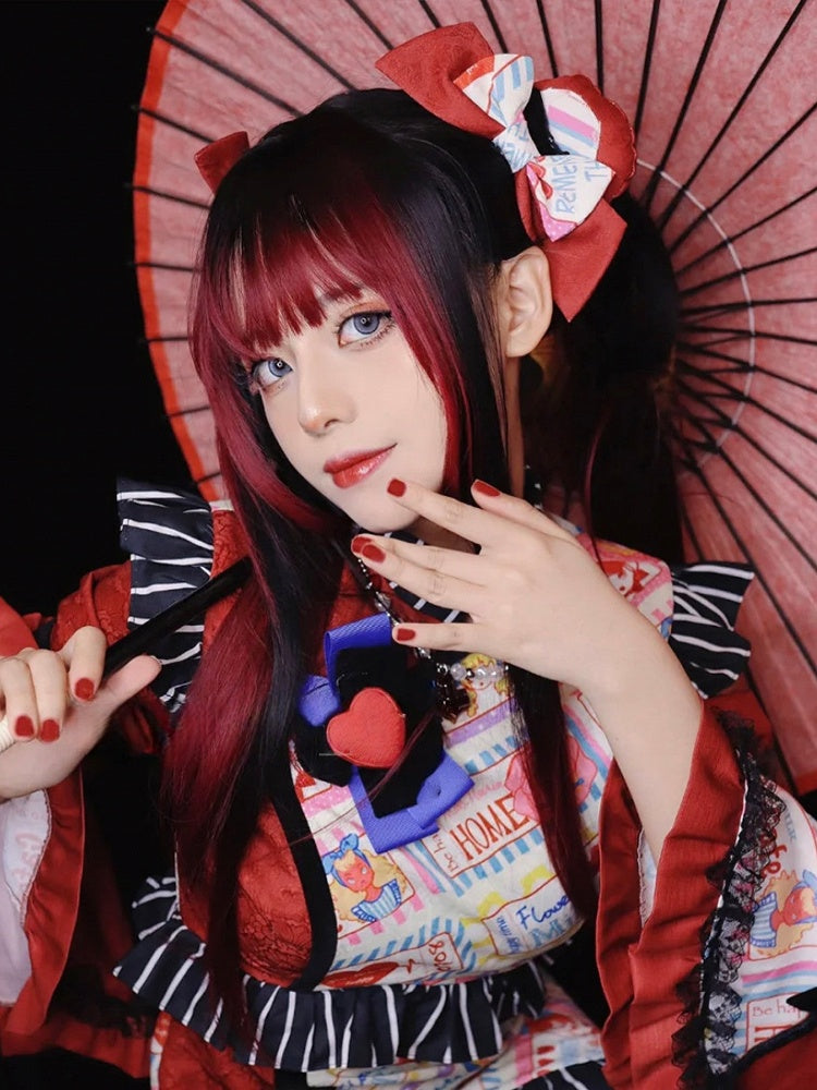 Red 68CM Ombre with Full Bangs Black Wig Straight