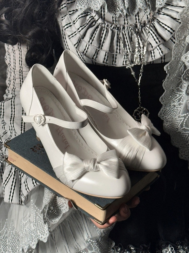 White Elegant Mary Janes for Lolita - PU Leather with Bow Details & Heart Closure