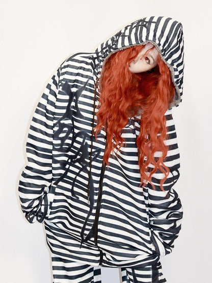 Hoodie Oversized Gyaru Schwarz-Weiß Muster Mode Reißverschluss Gestreifter Verschluss