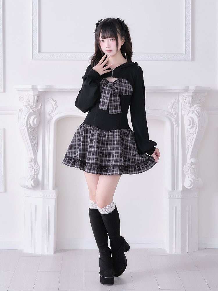 Black Dress Sleeve With Kei Design Plaid Long Jirai Hooded
