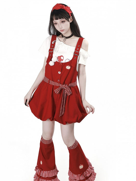Crimson Bubble Overalls with Striped Belt Accent - PINK SAVIOR