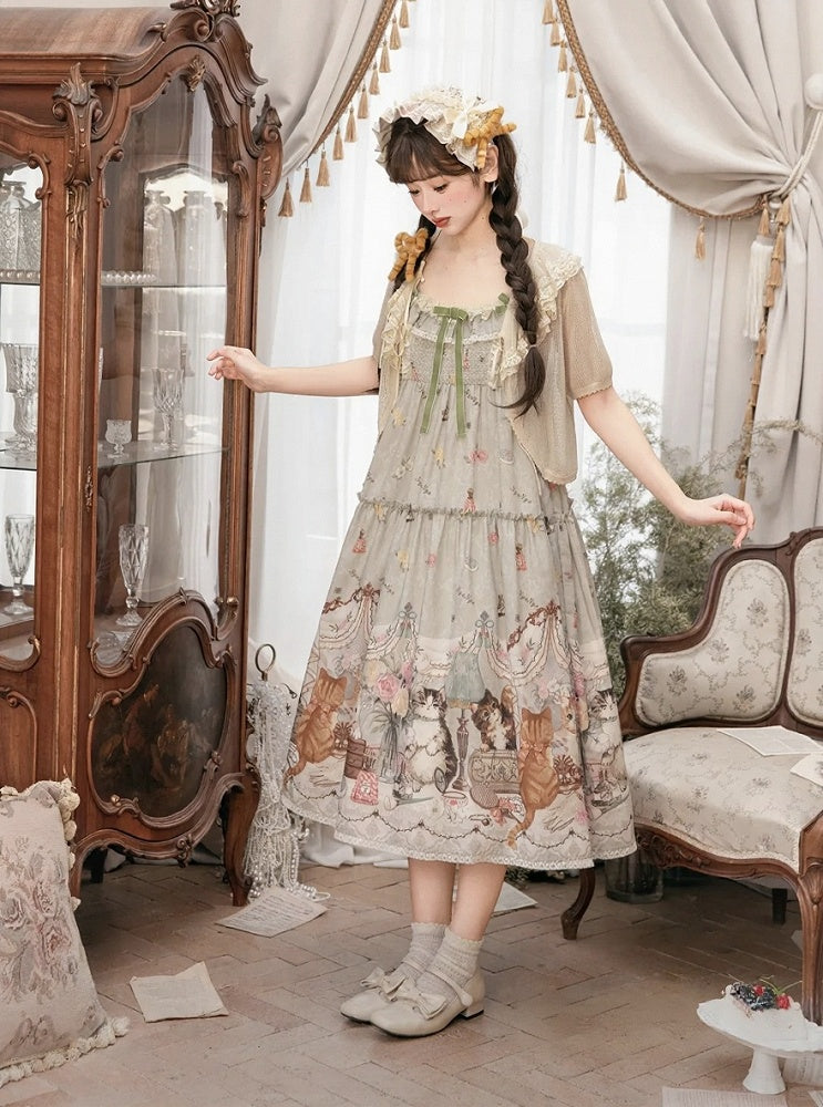 Green Cat Print High Waist Sweet Lolita Jumper Skirt - NyaNya