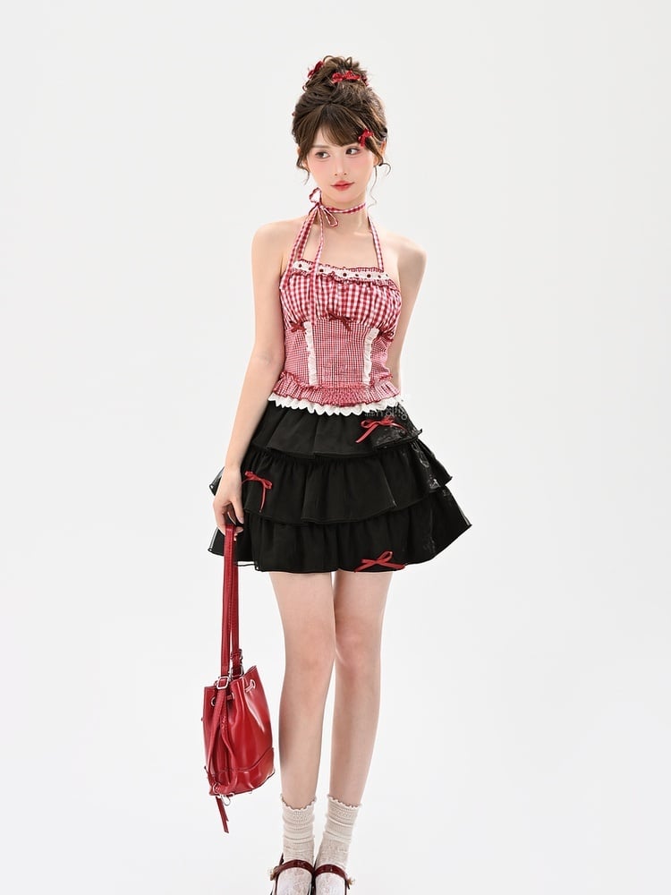 夏用レーストリム、レッドホワイトチェック柄ホルターネックトップ、ホリデー